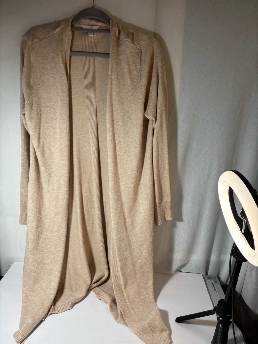 Time and Tru Long Open-Front Tan Cardigan
